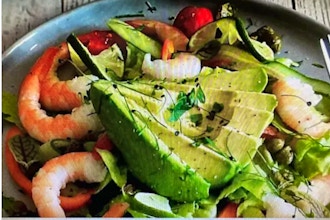 Summer Meal: Gazpacho, Shrimp Salad, Hummus & Pita